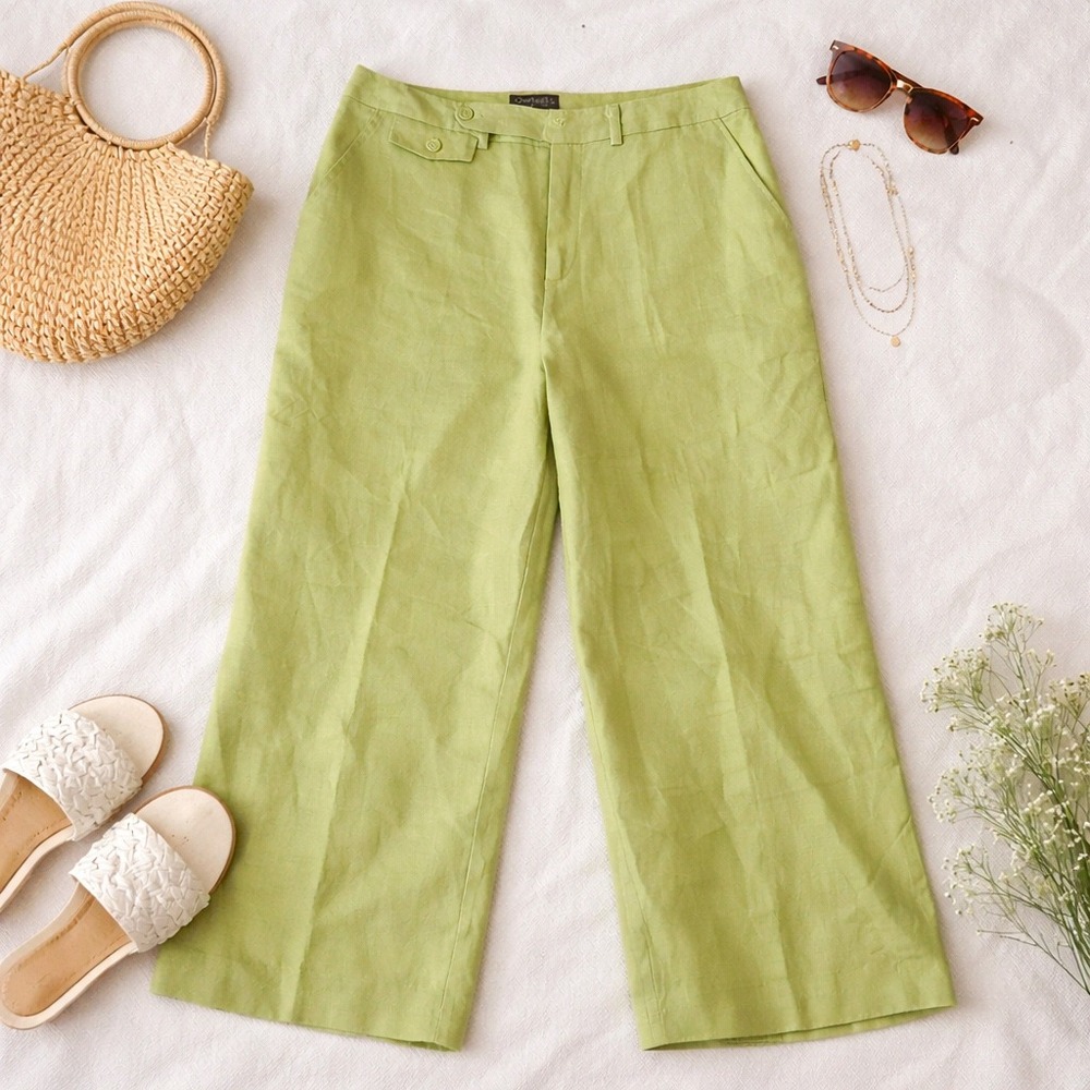 Chadwick's Collection Bright Green 100% Linen Wide Leg Lined Trousers Size 14